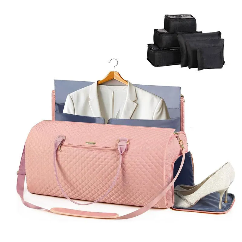 Lekesky Garment Bags with 6 Set Packing Cubes, Garment Convertible Weekender Bag for Women, Large Carry on Garment Bags for Travel, Duffle Bag
