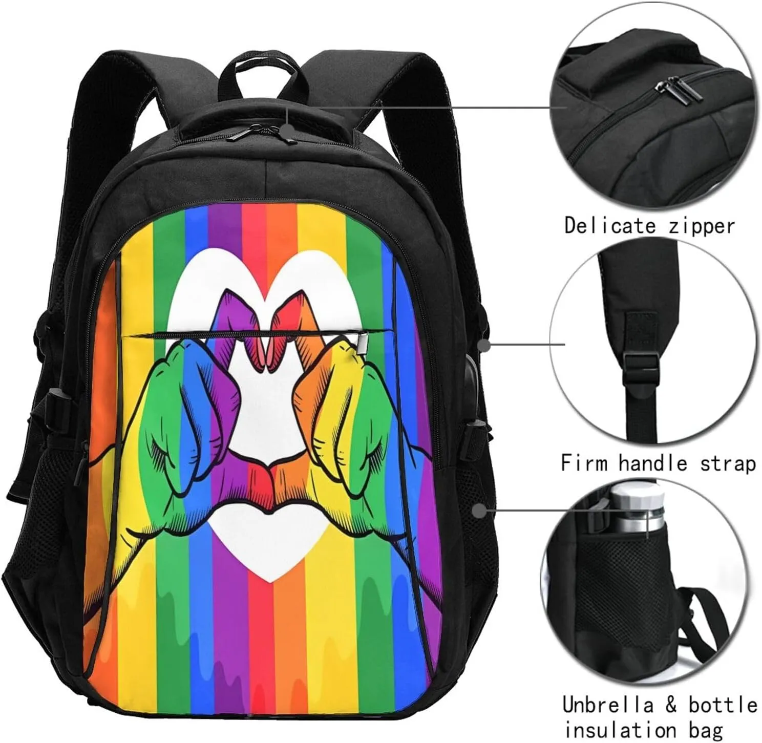 LGBT Rainbow Gay Pride Flag Hands Making Heart Travel Laptop Backpack Casual Daypack Large Notebook Rucksack Business Bag Sports Bags with USB Charging Port for Gym Yoga Hiking