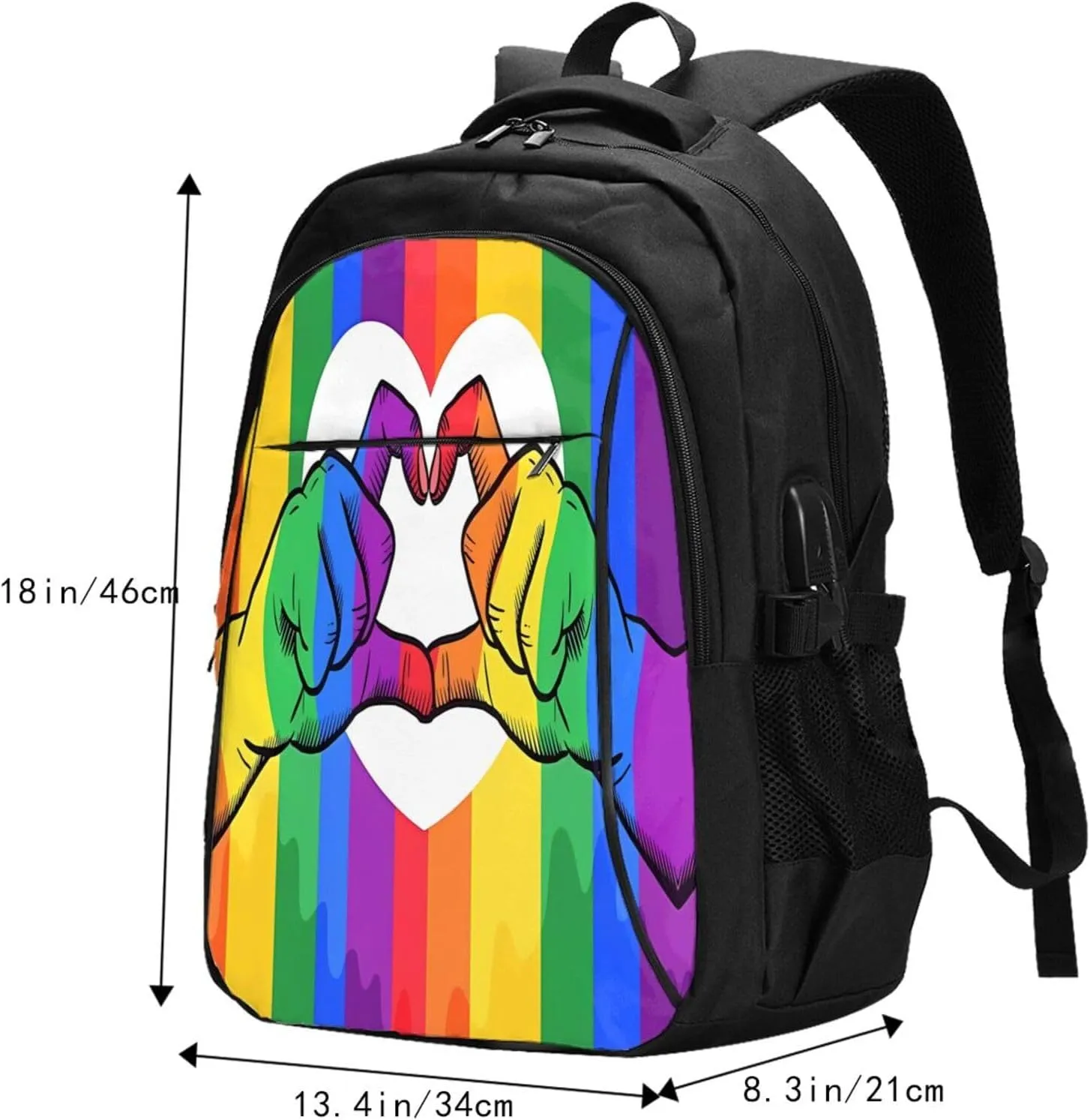 LGBT Rainbow Gay Pride Flag Hands Making Heart Travel Laptop Backpack Casual Daypack Large Notebook Rucksack Business Bag Sports Bags with USB Charging Port for Gym Yoga Hiking