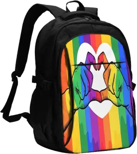 LGBT Rainbow Gay Pride Flag Hands Making Heart Travel Laptop Backpack Casual Daypack Large Notebook Rucksack Business Bag Sports Bags with USB Charging Port for Gym Yoga Hiking