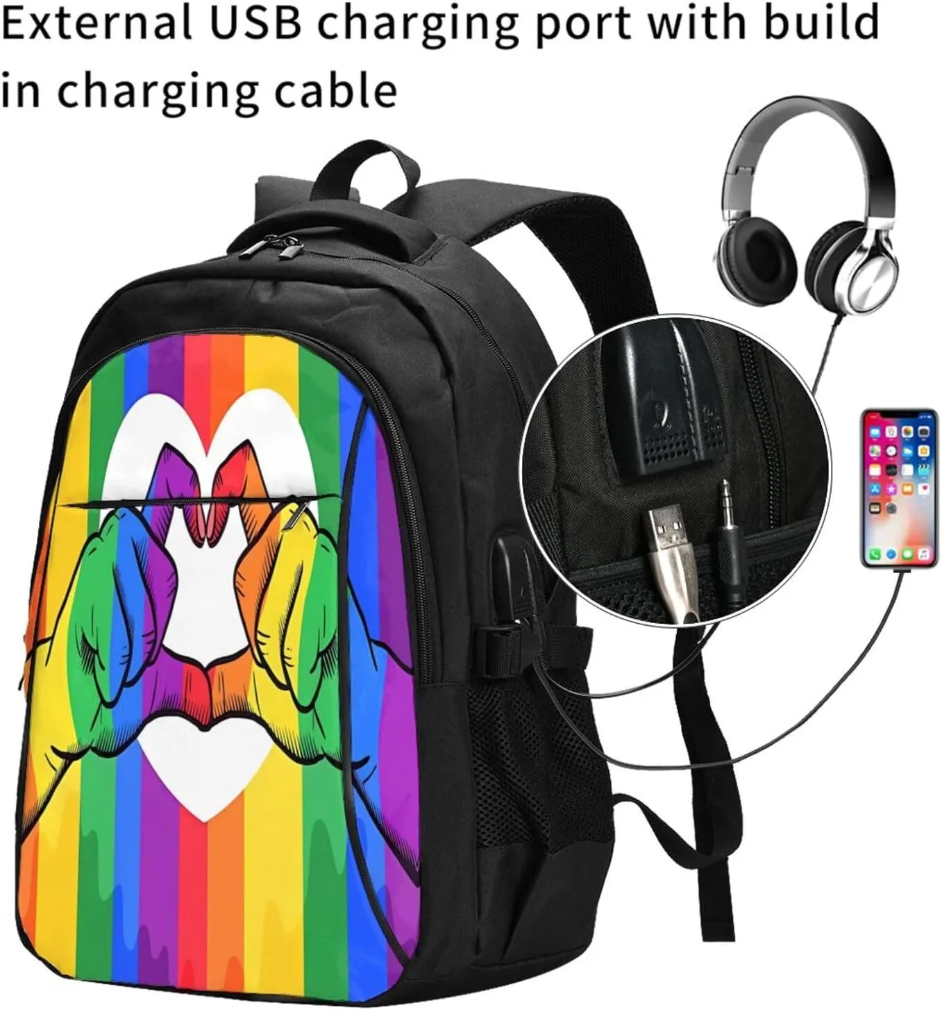 LGBT Rainbow Gay Pride Flag Hands Making Heart Travel Laptop Backpack Casual Daypack Large Notebook Rucksack Business Bag Sports Bags with USB Charging Port for Gym Yoga Hiking
