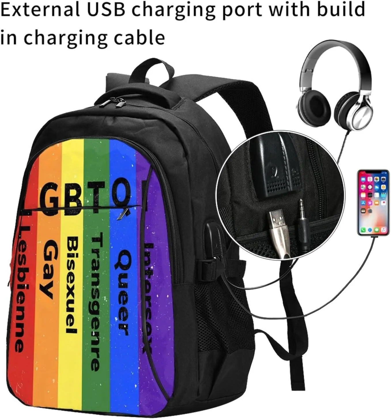 LGBT Rainbow Gay Pride Flag LGBTQI Travel Laptop Backpack Casual Daypack Large Notebook Rucksack Business Bag Sports Bags with USB Charging Port for Gym Yoga Hiking