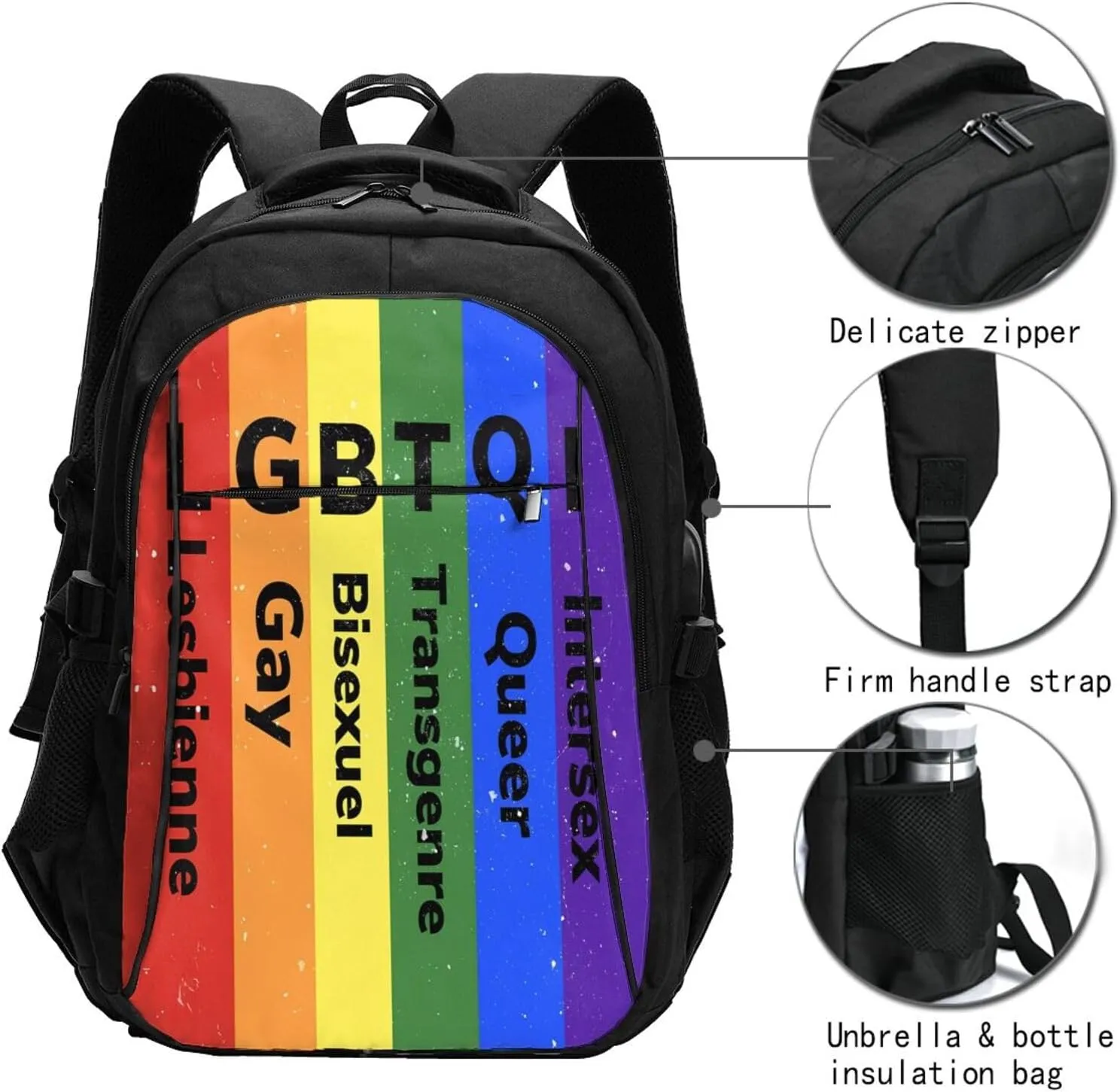 LGBT Rainbow Gay Pride Flag LGBTQI Travel Laptop Backpack Casual Daypack Large Notebook Rucksack Business Bag Sports Bags with USB Charging Port for Gym Yoga Hiking