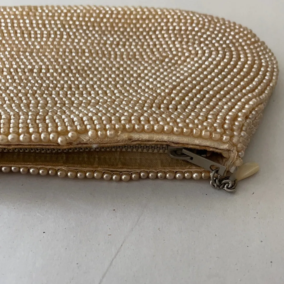<€€ Vintage 1940s K & G Charlet Paris New York Ivory Gray Beaded Clutch Evening Bag Purse