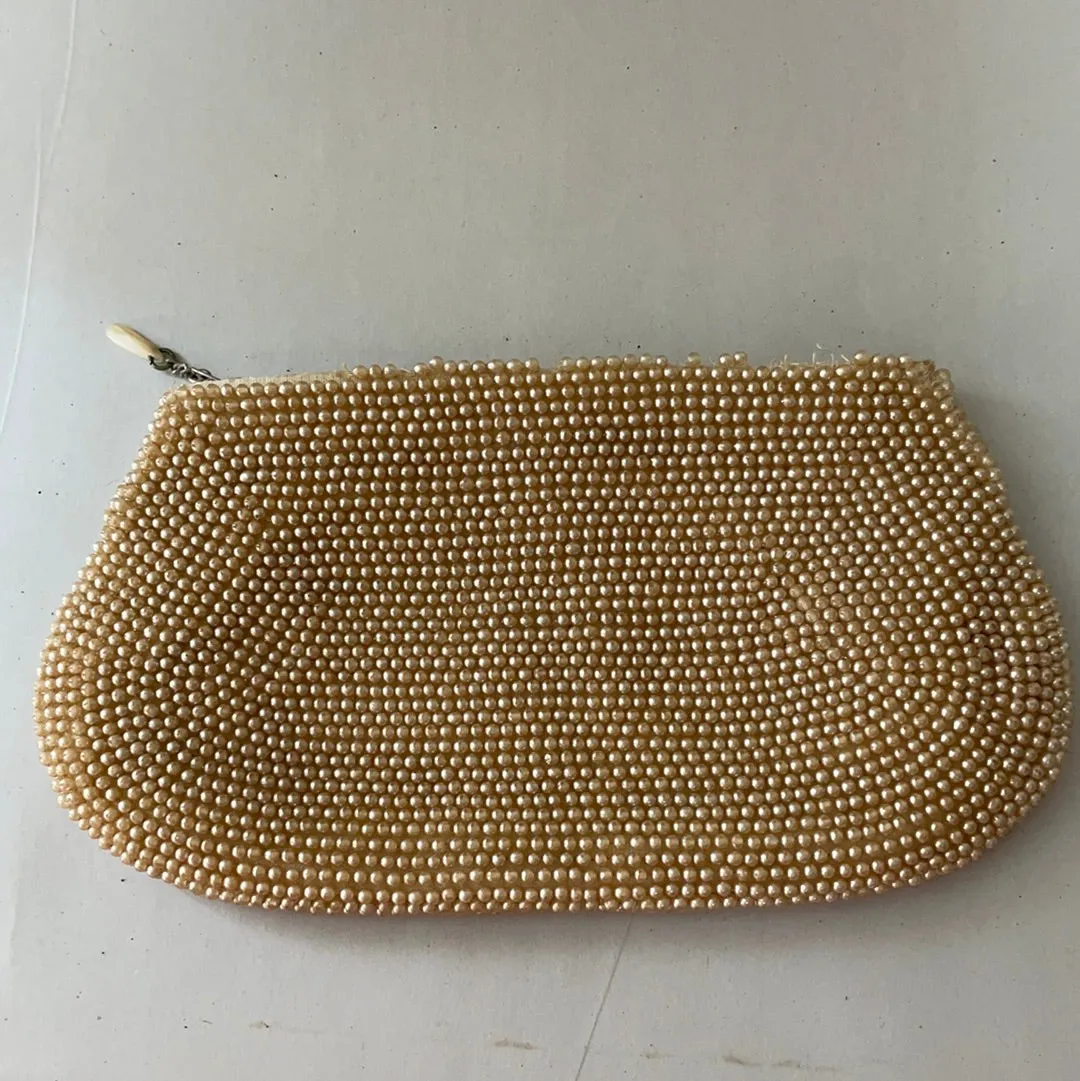 <€€ Vintage 1940s K & G Charlet Paris New York Ivory Gray Beaded Clutch Evening Bag Purse