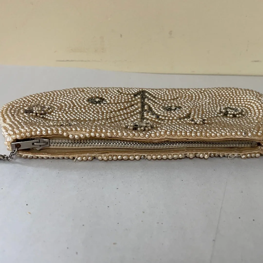 <€€ Vintage 1940s K & G Charlet Paris New York Ivory Gray Beaded Clutch Evening Bag Purse