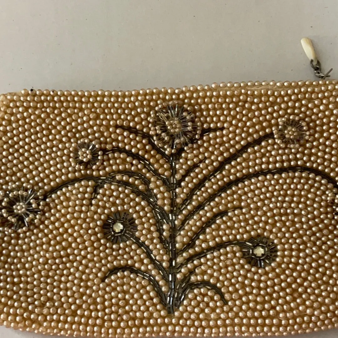 <€€ Vintage 1940s K & G Charlet Paris New York Ivory Gray Beaded Clutch Evening Bag Purse
