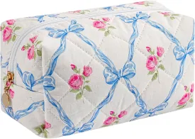 Makeup Bag Travel Cosmetic Bag for Women Girls, Zipper Make Up Pouch, Floral Flowers Toiletry Organizer Makeup, Portable Storage Bag, Cosmetic Travel Cloth Bag (Blue Bowknot/Gold Zipper)