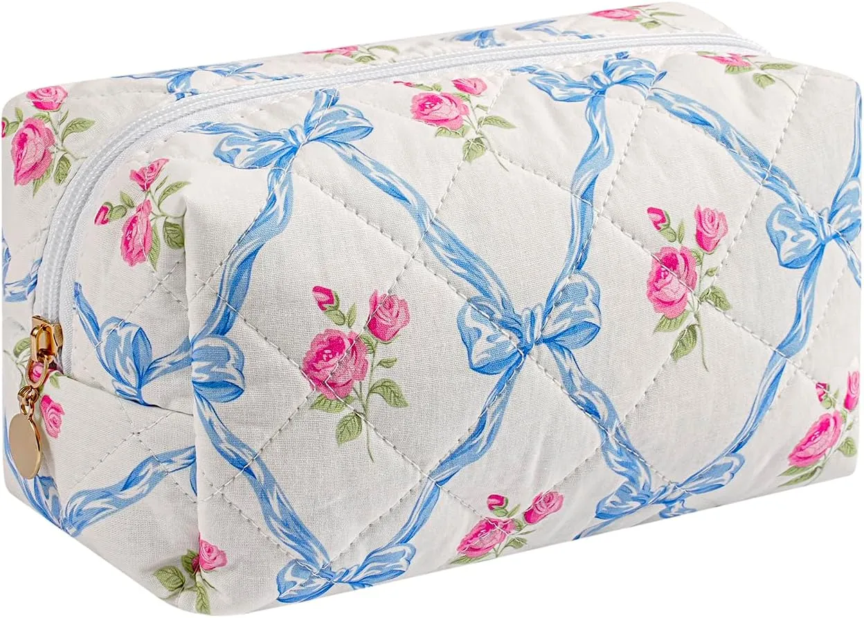 Makeup Bag Travel Cosmetic Bag for Women Girls, Zipper Make Up Pouch, Floral Flowers Toiletry Organizer Makeup, Portable Storage Bag, Cosmetic Travel Cloth Bag (Blue Bowknot/Gold Zipper)