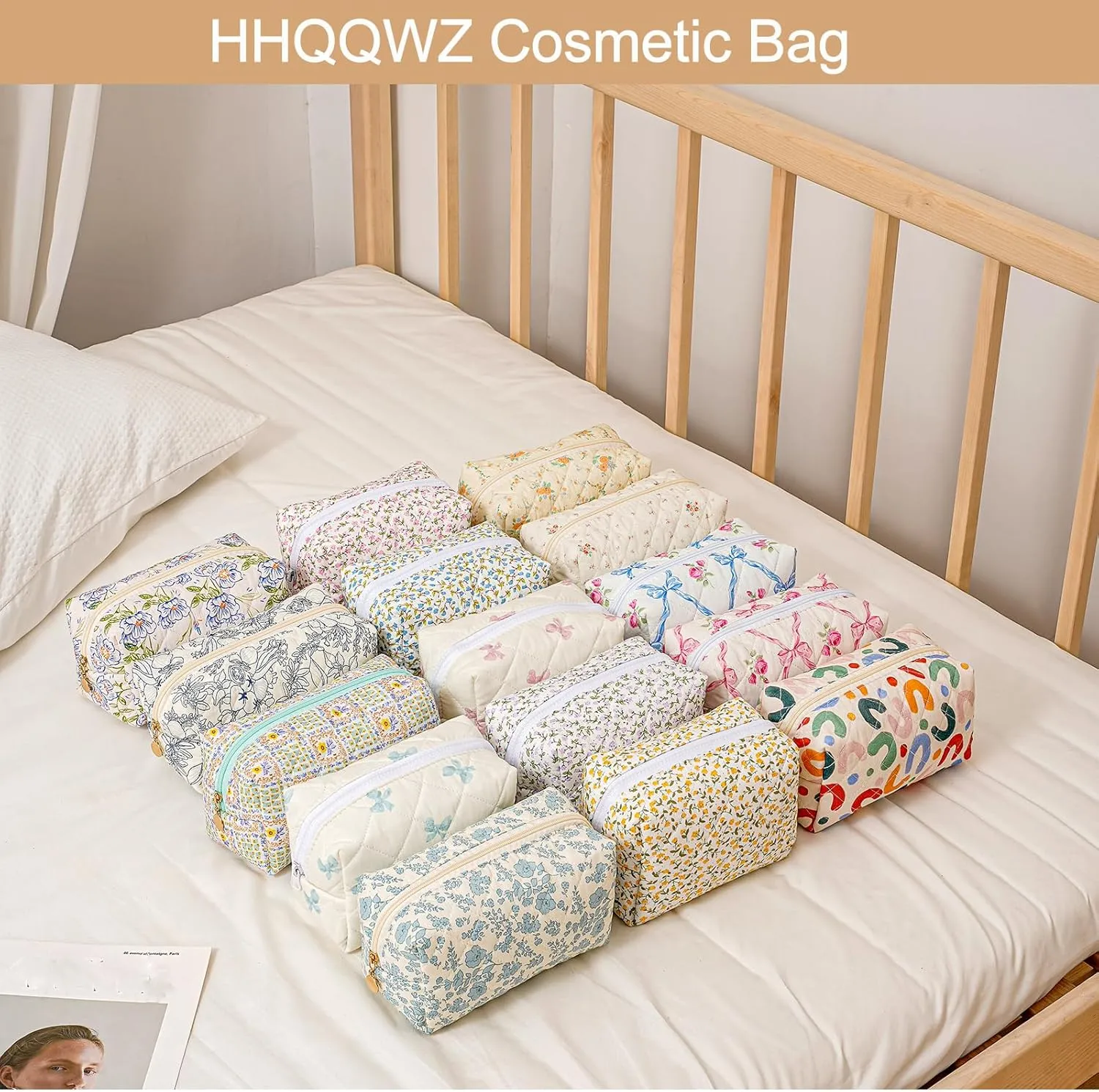 Makeup Bag Travel Cosmetic Bag for Women Girls, Zipper Make Up Pouch, Floral Flowers Toiletry Organizer Makeup, Portable Storage Bag, Cosmetic Travel Cloth Bag (Blue Bowknot/Gold Zipper)