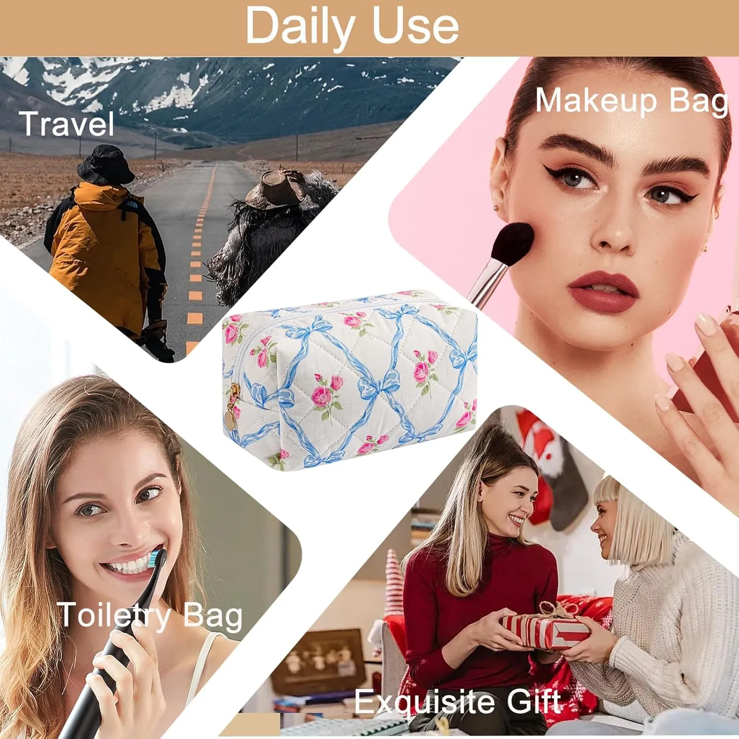 Makeup Bag Travel Cosmetic Bag for Women Girls, Zipper Make Up Pouch, Floral Flowers Toiletry Organizer Makeup, Portable Storage Bag, Cosmetic Travel Cloth Bag (Blue Bowknot/Gold Zipper)