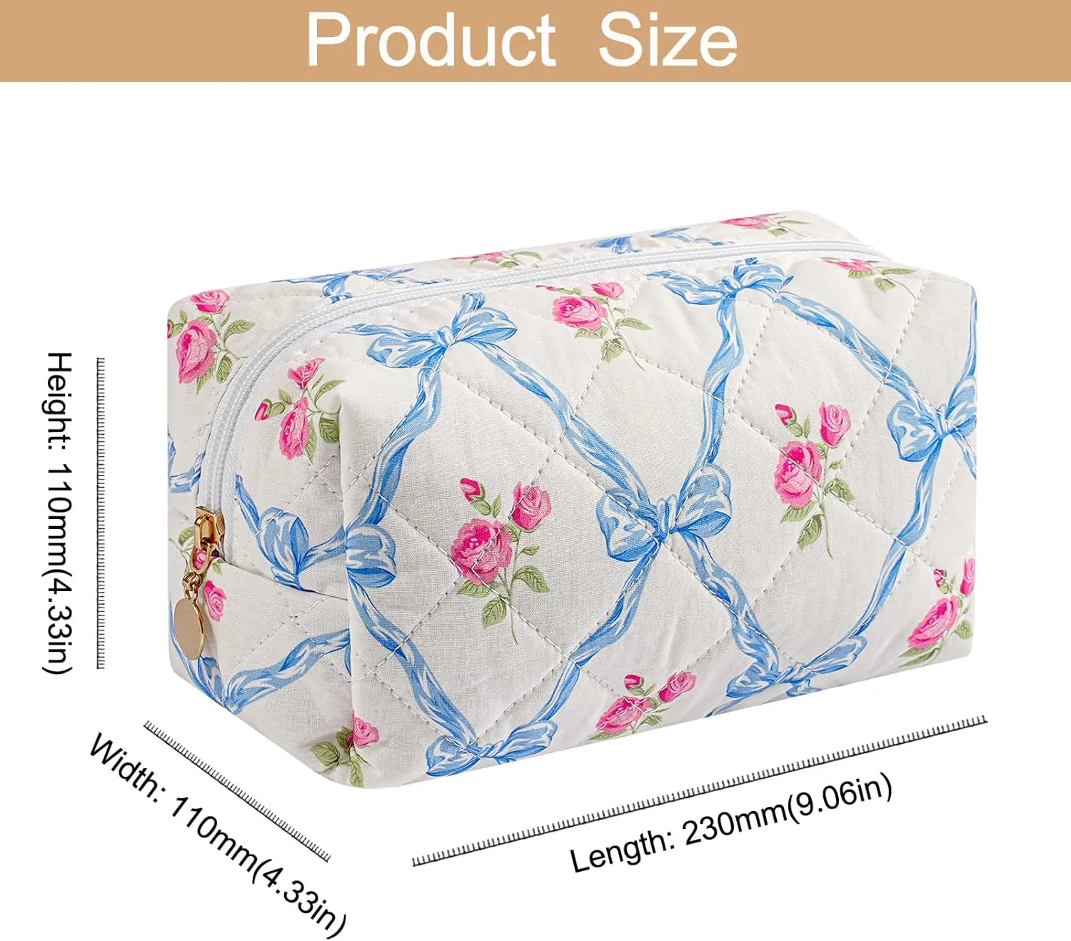 Makeup Bag Travel Cosmetic Bag for Women Girls, Zipper Make Up Pouch, Floral Flowers Toiletry Organizer Makeup, Portable Storage Bag, Cosmetic Travel Cloth Bag (Blue Bowknot/Gold Zipper)