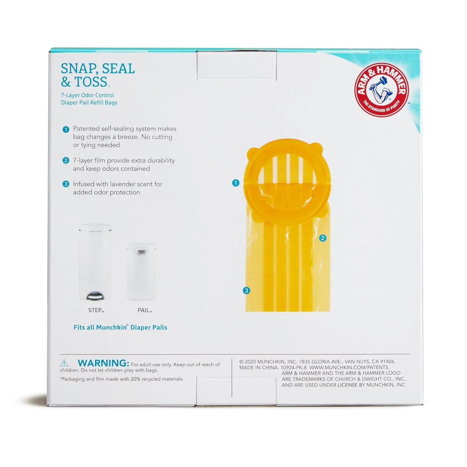 Munchkin Arm & Hammer Diaper Pail Snap, Seal & Toss Refill Bags, Holds up to 600 Newborn Diapers, 20 Pack