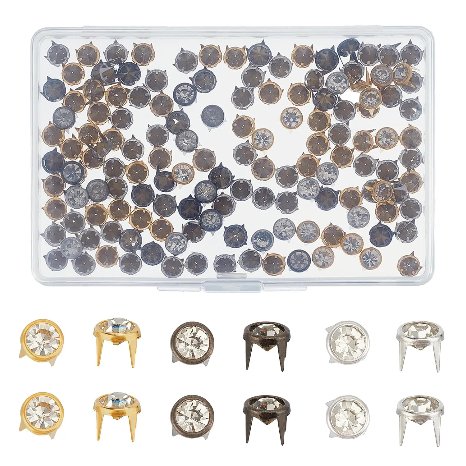 NICENEEDED 180 Pcs Round Crystal Dome Rivets, Claw Nailheads Spots Stud, Silver Head Spike Prong Nail Punk Rock Nailheads Claw Beads for DIY Clothes Belt Bag Shoes Bracelet Leather Craft