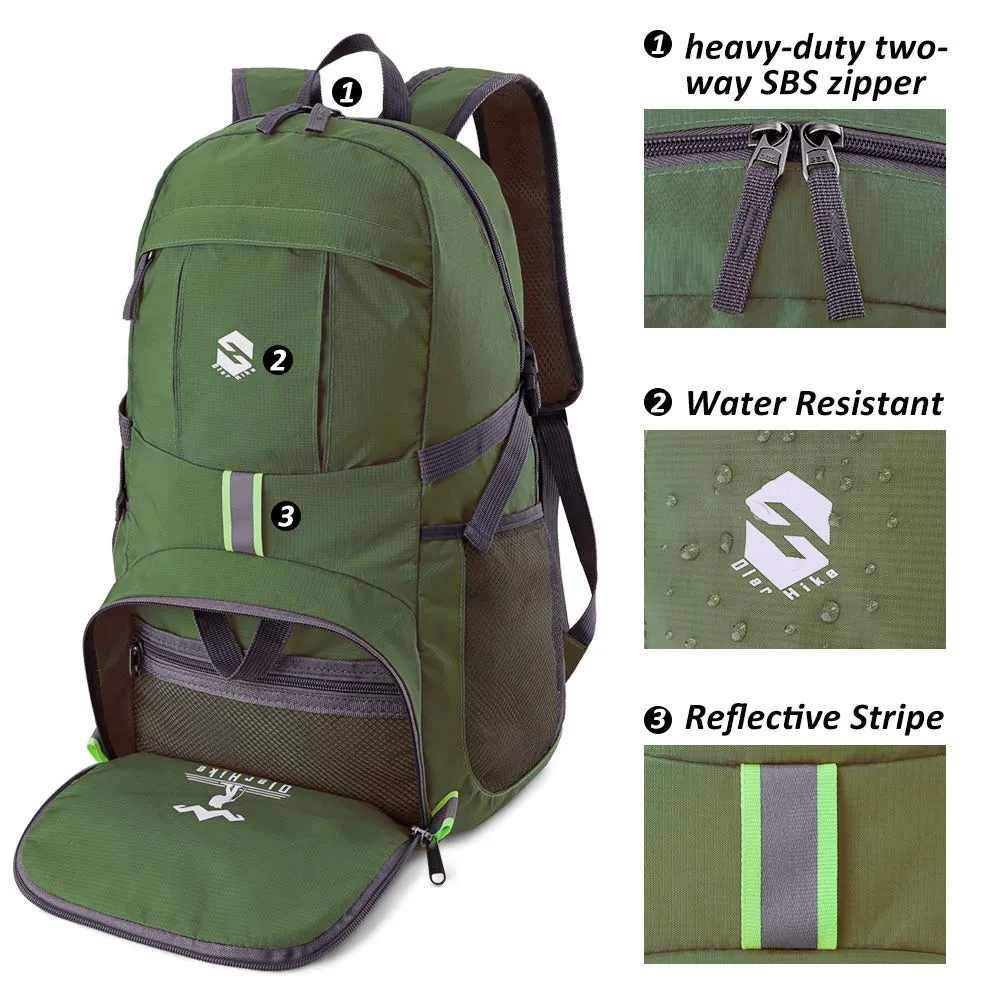 OlarHike Lightweight Travel Backpack, 35L Water Resistant Packable Traveling/Hiking Backpack Daypack for Men & Women, Multipurpose Use, Green