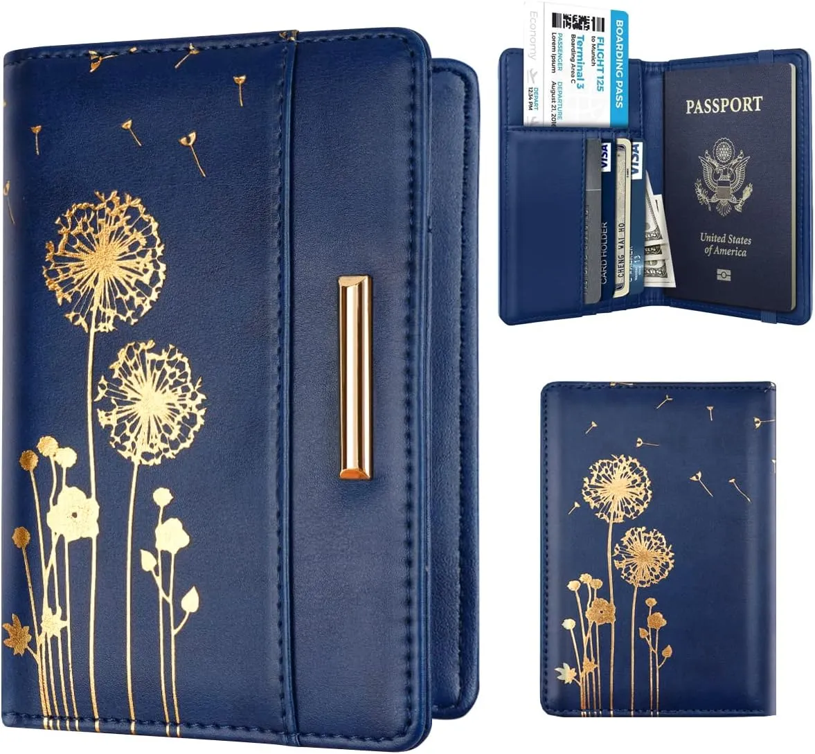 Passport Holder Cover Travel RFID Blocking Passport Cover Rose Gold Cute Flowers Passport Wallet with Elastic Band for Women
