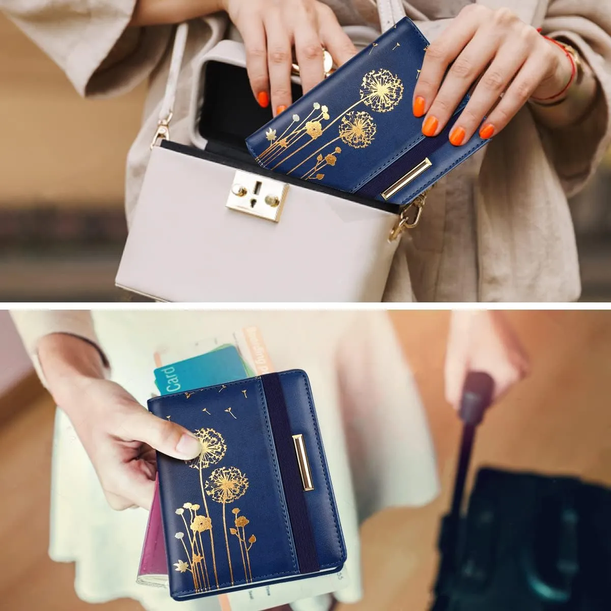 Passport Holder Cover Travel RFID Blocking Passport Cover Rose Gold Cute Flowers Passport Wallet with Elastic Band for Women