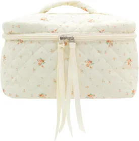 PAZIMIIK Cotton Makeup Bag for Women Large Quilted Travel Cosmetic Case Girls' Make Up Organizer,Floral White