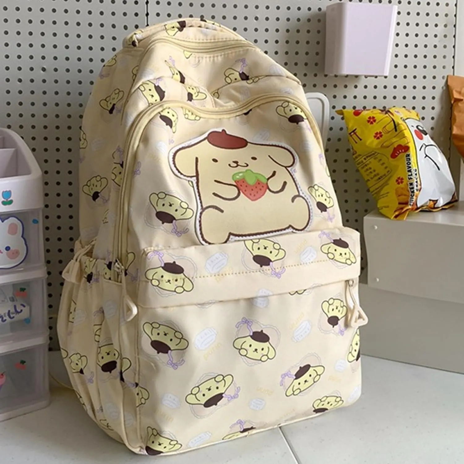 Roffatide Anime Pompom Purin All Over Print Casual Backpack Laptop Backpack Travel Hiking Rucksack Yellow