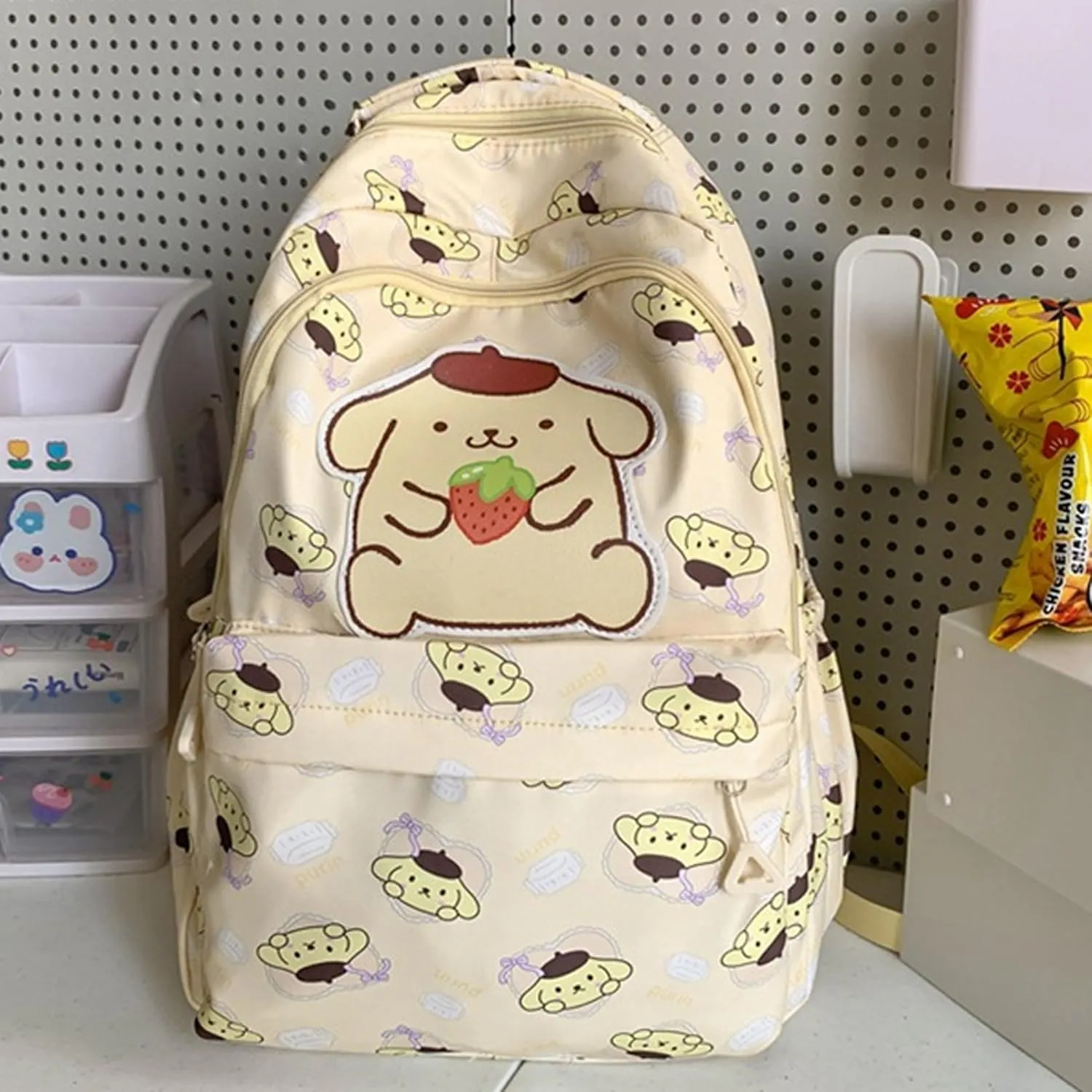 Roffatide Anime Pompom Purin All Over Print Casual Backpack Laptop Backpack Travel Hiking Rucksack Yellow
