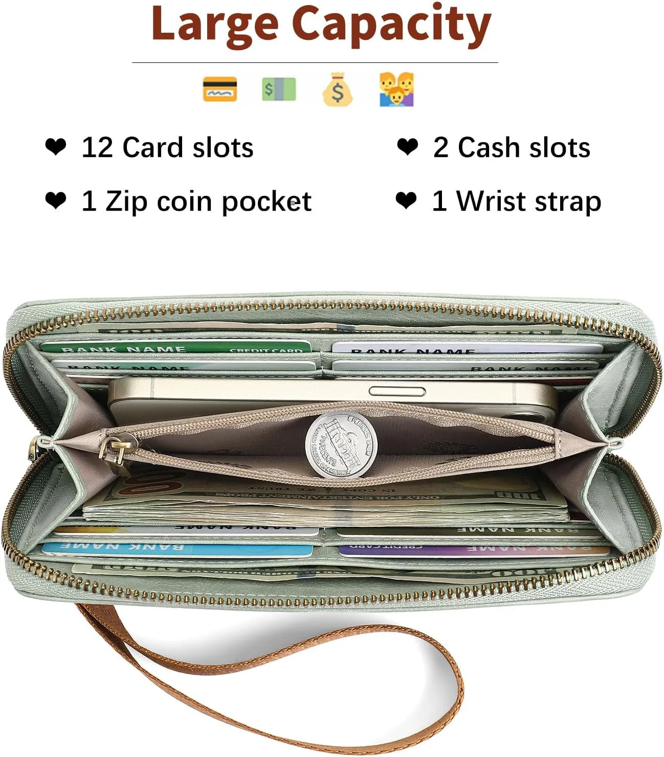 SENDEFN Womens Wallet Genuine Leather Wristlet Wallets for Women Clutch Credit Card Holder Zipper Around Long Purse