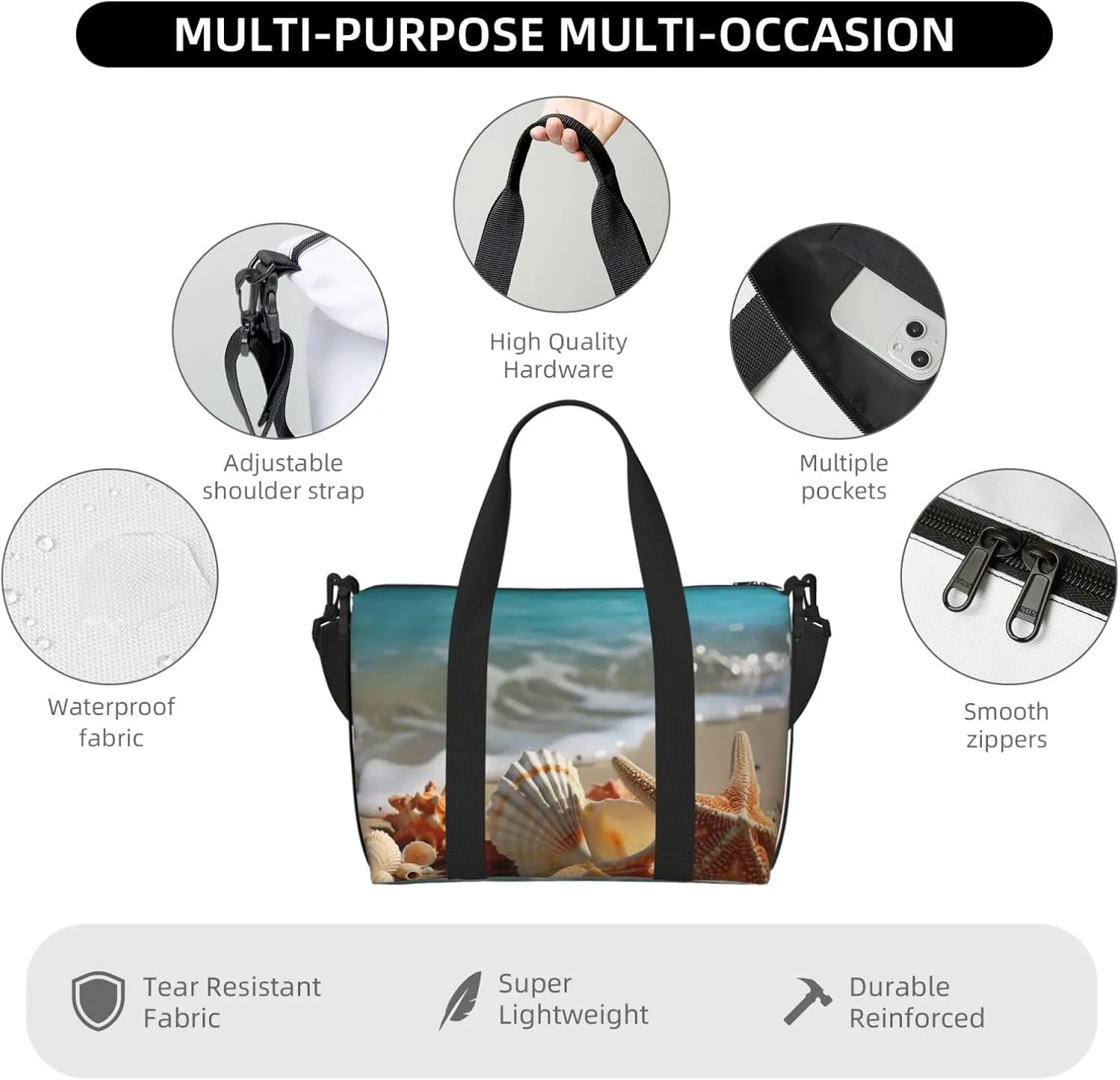 Sports Gym Bag for Women Men Travel Duffel Bag Tote Weekender Bag Carry on Overnight Bag for Travel Swimming Fitness Workout Sports Seashells Starfish on Beach Duffle Bag