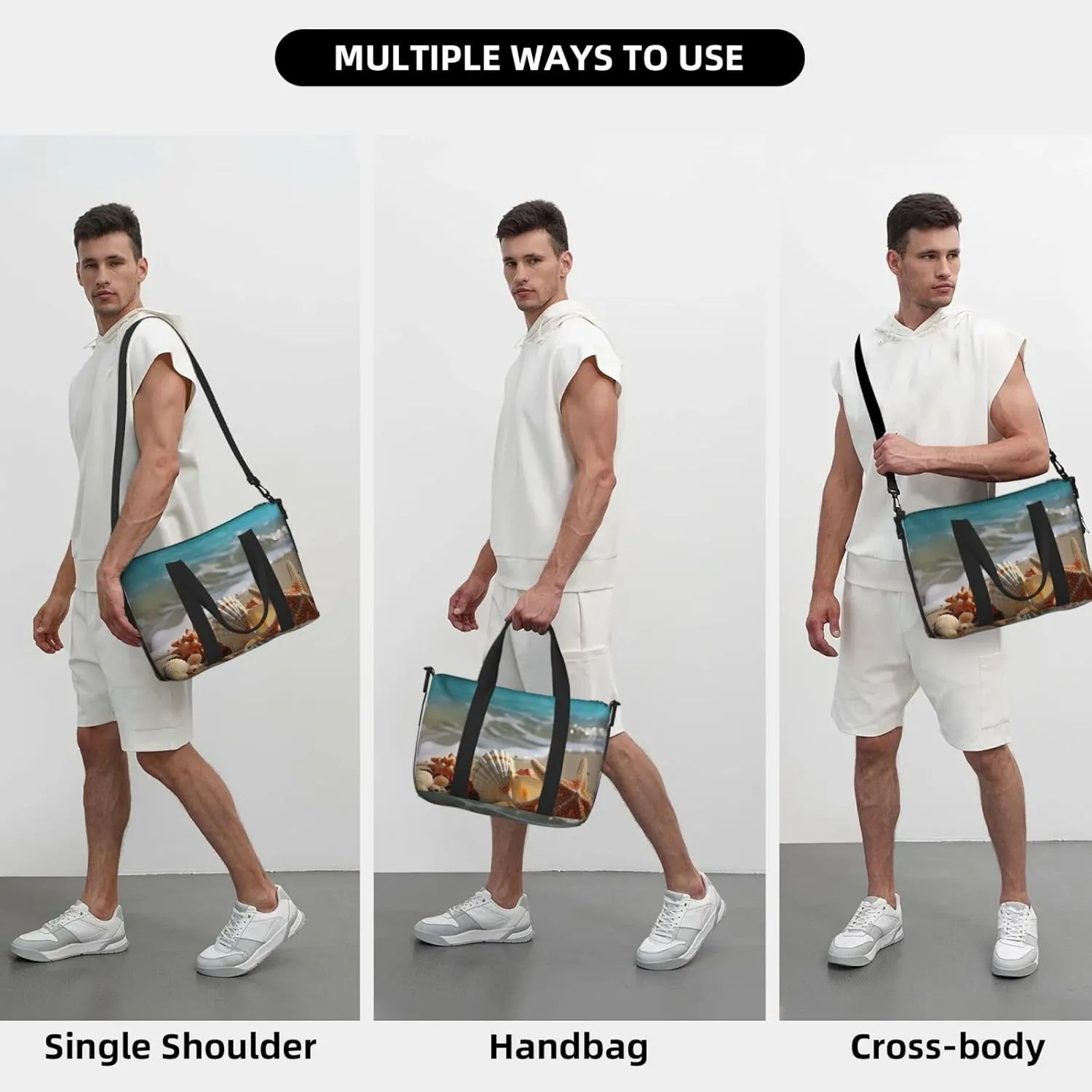 Sports Gym Bag for Women Men Travel Duffel Bag Tote Weekender Bag Carry on Overnight Bag for Travel Swimming Fitness Workout Sports Seashells Starfish on Beach Duffle Bag