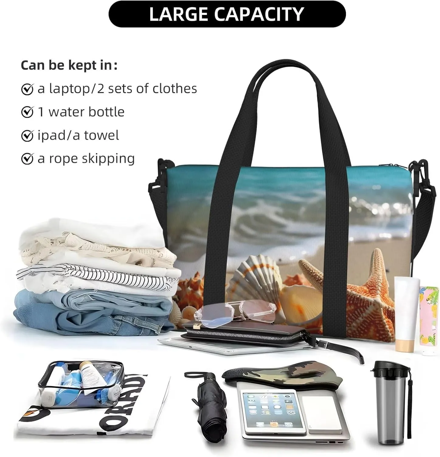 Sports Gym Bag for Women Men Travel Duffel Bag Tote Weekender Bag Carry on Overnight Bag for Travel Swimming Fitness Workout Sports Seashells Starfish on Beach Duffle Bag