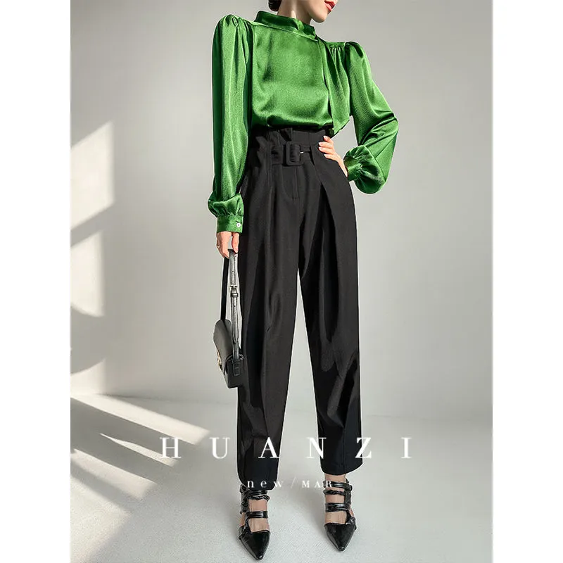 Spring summer fashion high waist loose straight belt radish pants trousers - Tima