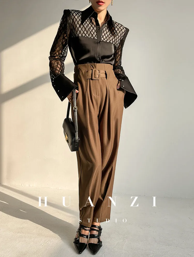 Spring summer fashion high waist loose straight belt radish pants trousers - Tima