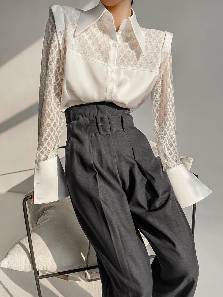 Spring summer fashion high waist loose straight belt radish pants trousers - Tima