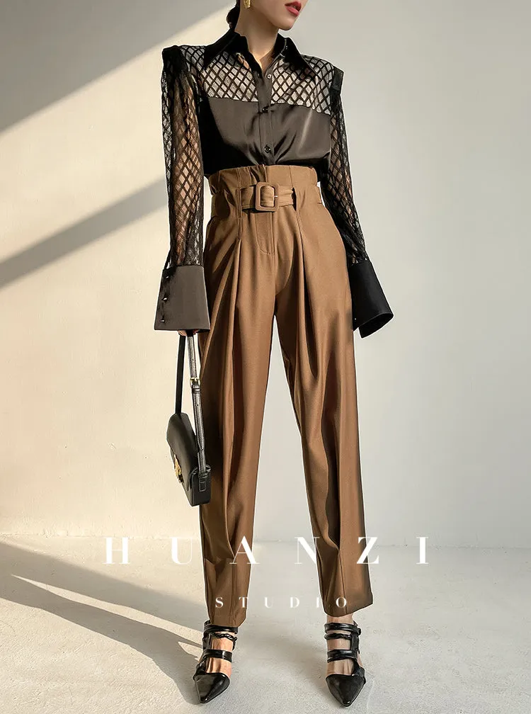 Spring summer fashion high waist loose straight belt radish pants trousers - Tima