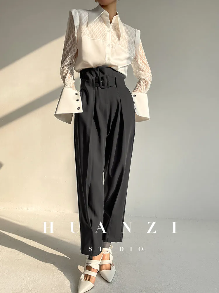 Spring summer fashion high waist loose straight belt radish pants trousers - Tima