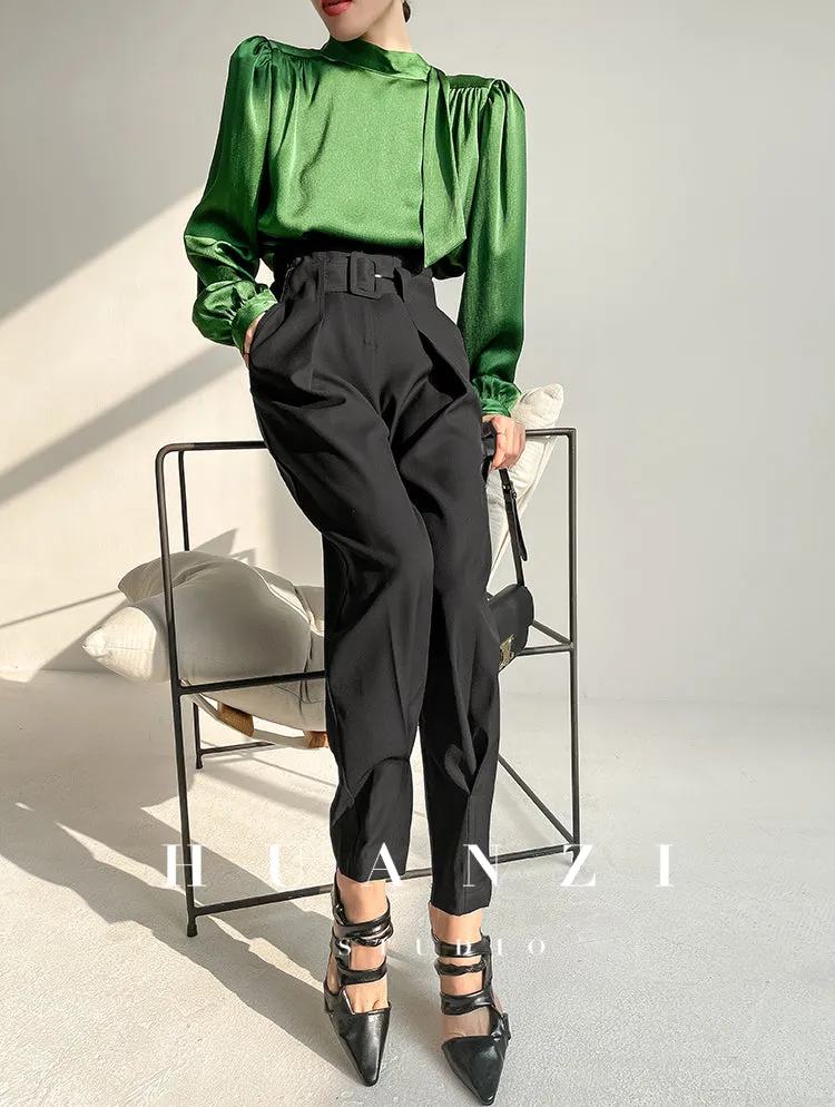 Spring summer fashion high waist loose straight belt radish pants trousers - Tima