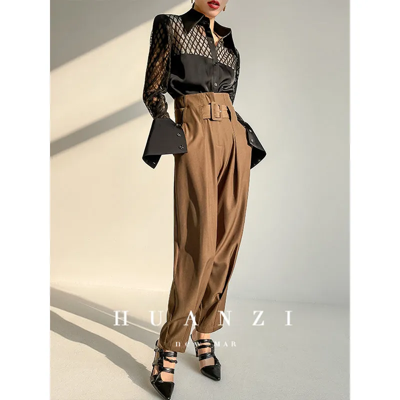 Spring summer fashion high waist loose straight belt radish pants trousers - Tima