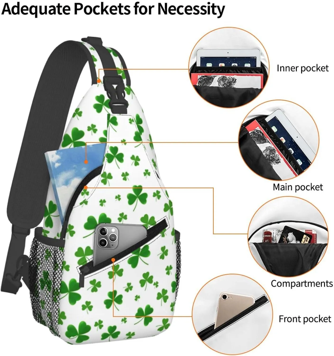 St Patricks Day Shamrock Crossbody Sling Backpack For Women Men, Fashion Adjustable Lucky Clover Chest Bag Green Shoulder Bag Sling Bag For Sport Travel Hiking Daypack