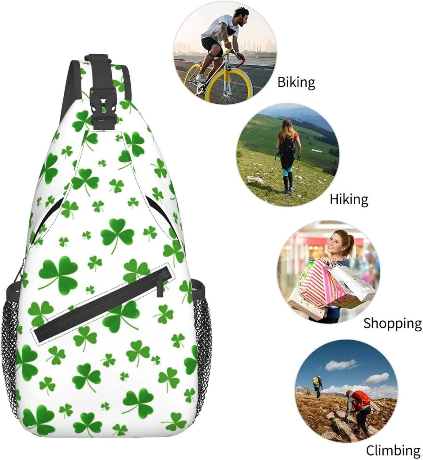 St Patricks Day Shamrock Crossbody Sling Backpack For Women Men, Fashion Adjustable Lucky Clover Chest Bag Green Shoulder Bag Sling Bag For Sport Travel Hiking Daypack