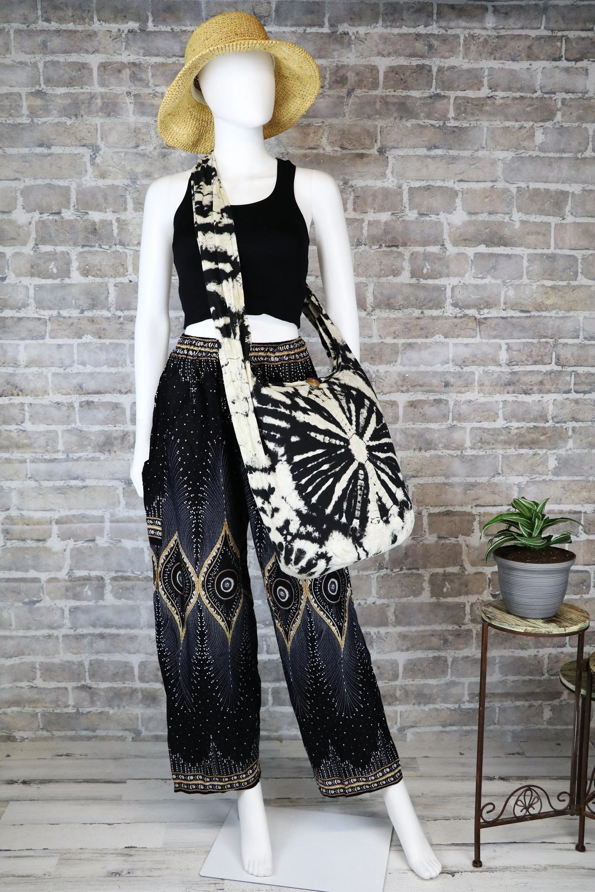 Tie Dye Hipster Hippie bag boho sling crossbody bag Bohemian Thai cotton Sling Bag Messenger Bags women tote bag Top Zip BlackoffWhite HT88