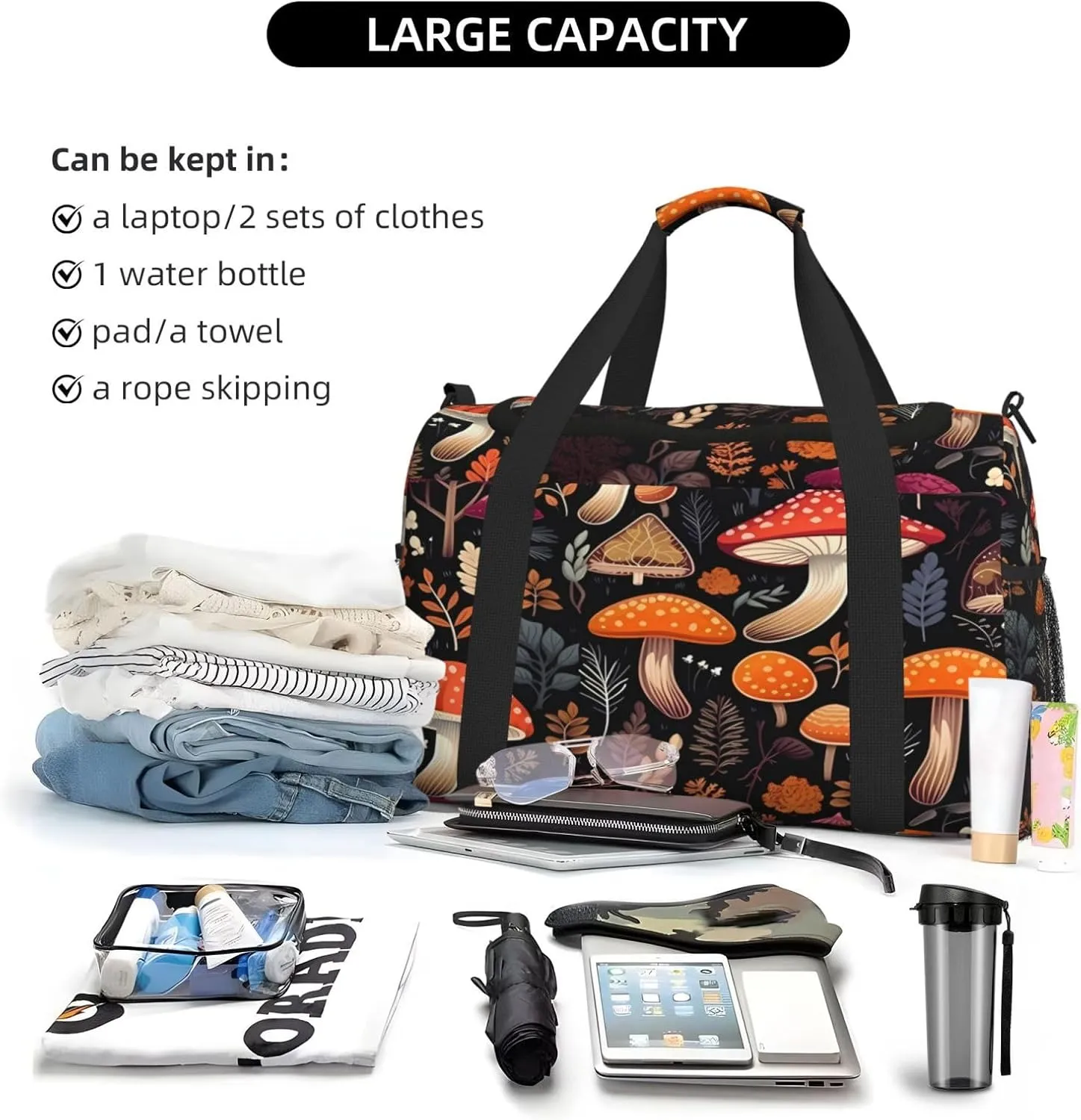 Travel Duffel Bag For Men Women, Autumn Plants Leaves Forest Mushrooms Carry On Sport Gym Bag With Shoulder Strap Lightweight Waterproof Weekender Bag Overnight Bag