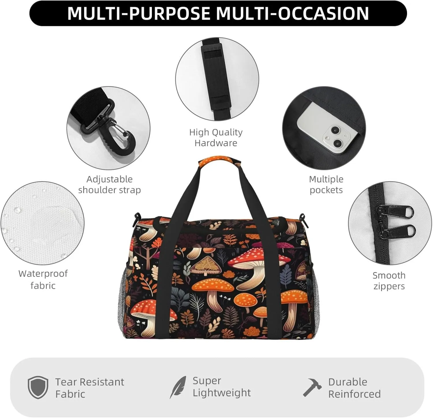 Travel Duffel Bag For Men Women, Autumn Plants Leaves Forest Mushrooms Carry On Sport Gym Bag With Shoulder Strap Lightweight Waterproof Weekender Bag Overnight Bag