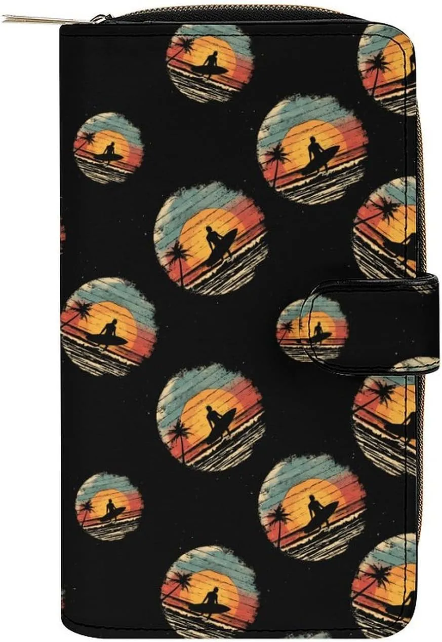Vintage Sunset Surfing Unisex Wallet Cute Elegant Long Slim Card Holder Case Minimalist Coin Purse Clutch Wallets