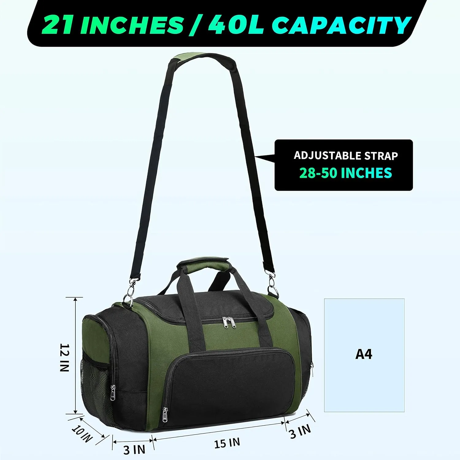Vorspack Duffle Bag for Travel - 40L/21 Inches Duffel Bag Small Duffle Bag for Men Weekender Bag with Water Bottle Pocket for Travel Sports - Army Green