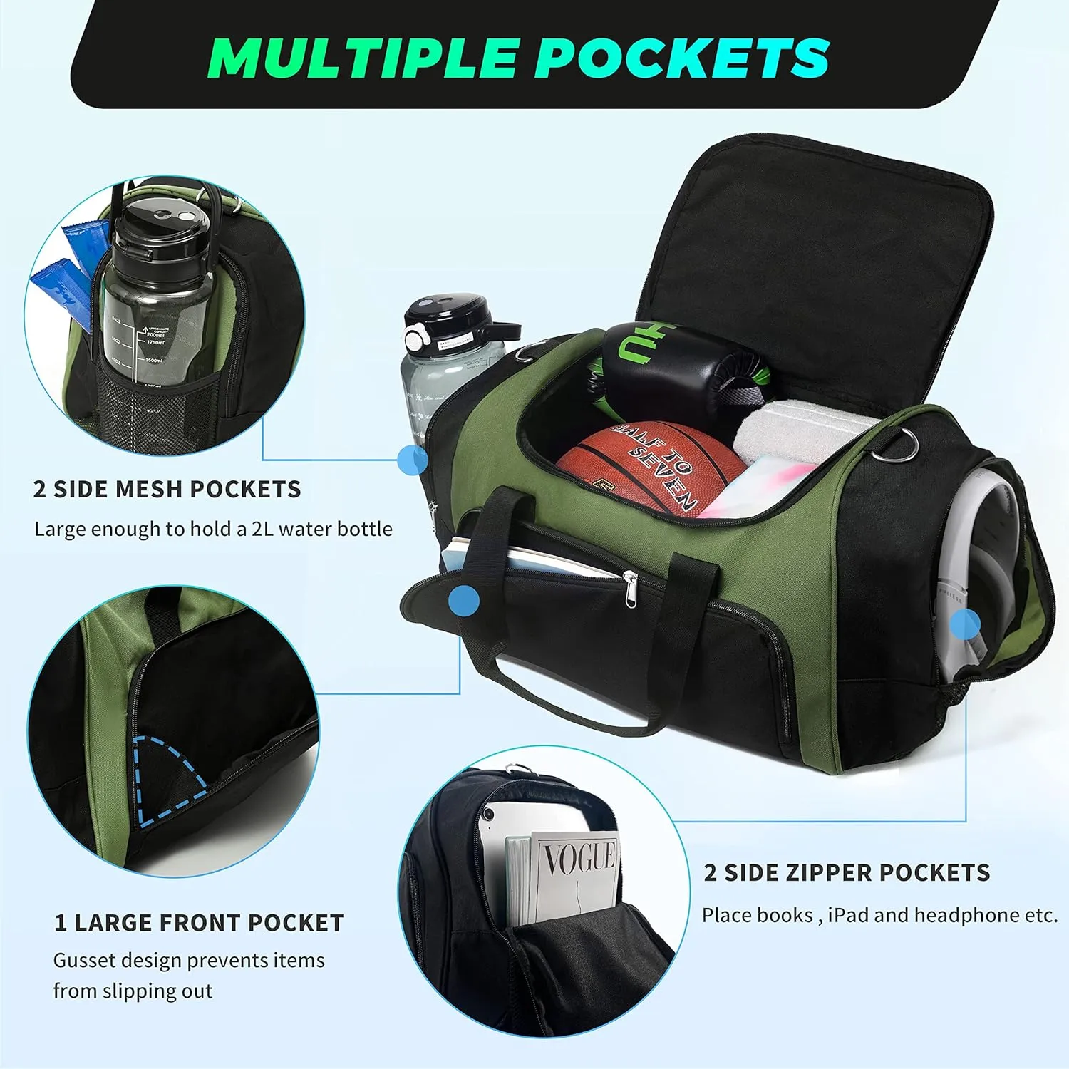 Vorspack Duffle Bag for Travel - 40L/21 Inches Duffel Bag Small Duffle Bag for Men Weekender Bag with Water Bottle Pocket for Travel Sports - Army Green