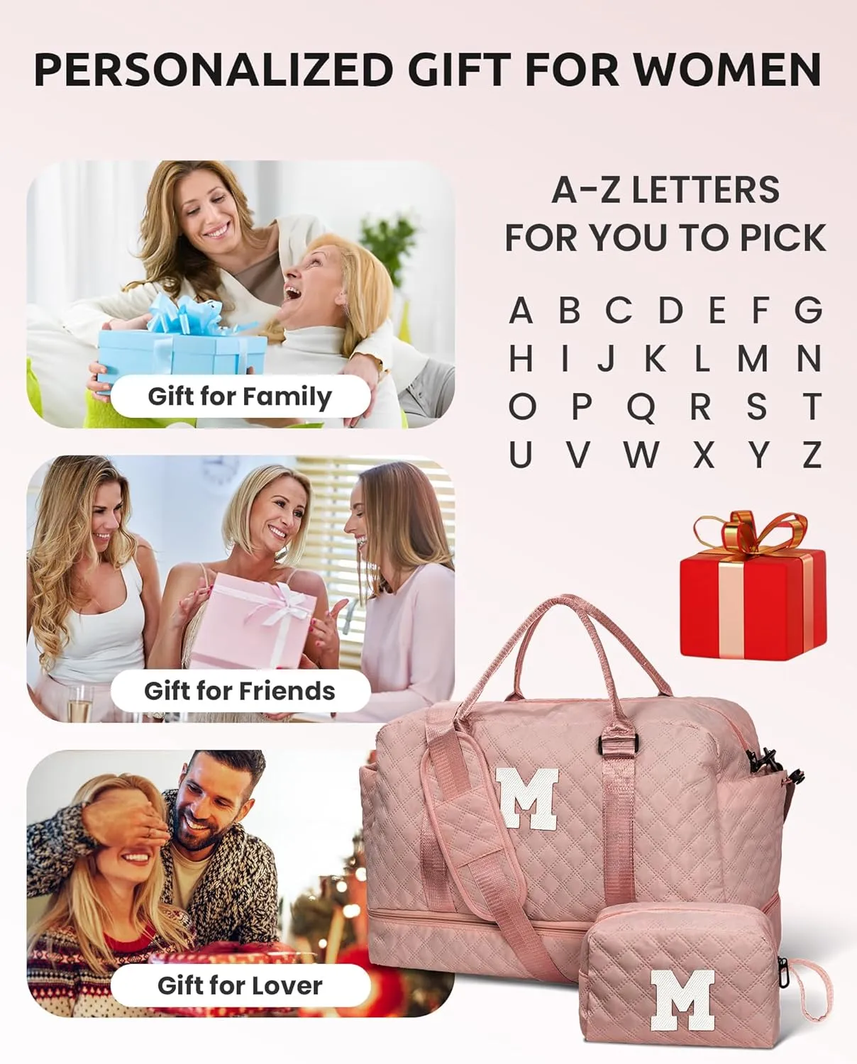 Women Gift-Birthday Gifts, Initial Duffle Bags with Shoe Compartment, Girls Weekender Bag, Overnight Tote for Women, Travel Bag with Makeup Pouch (Letter A)