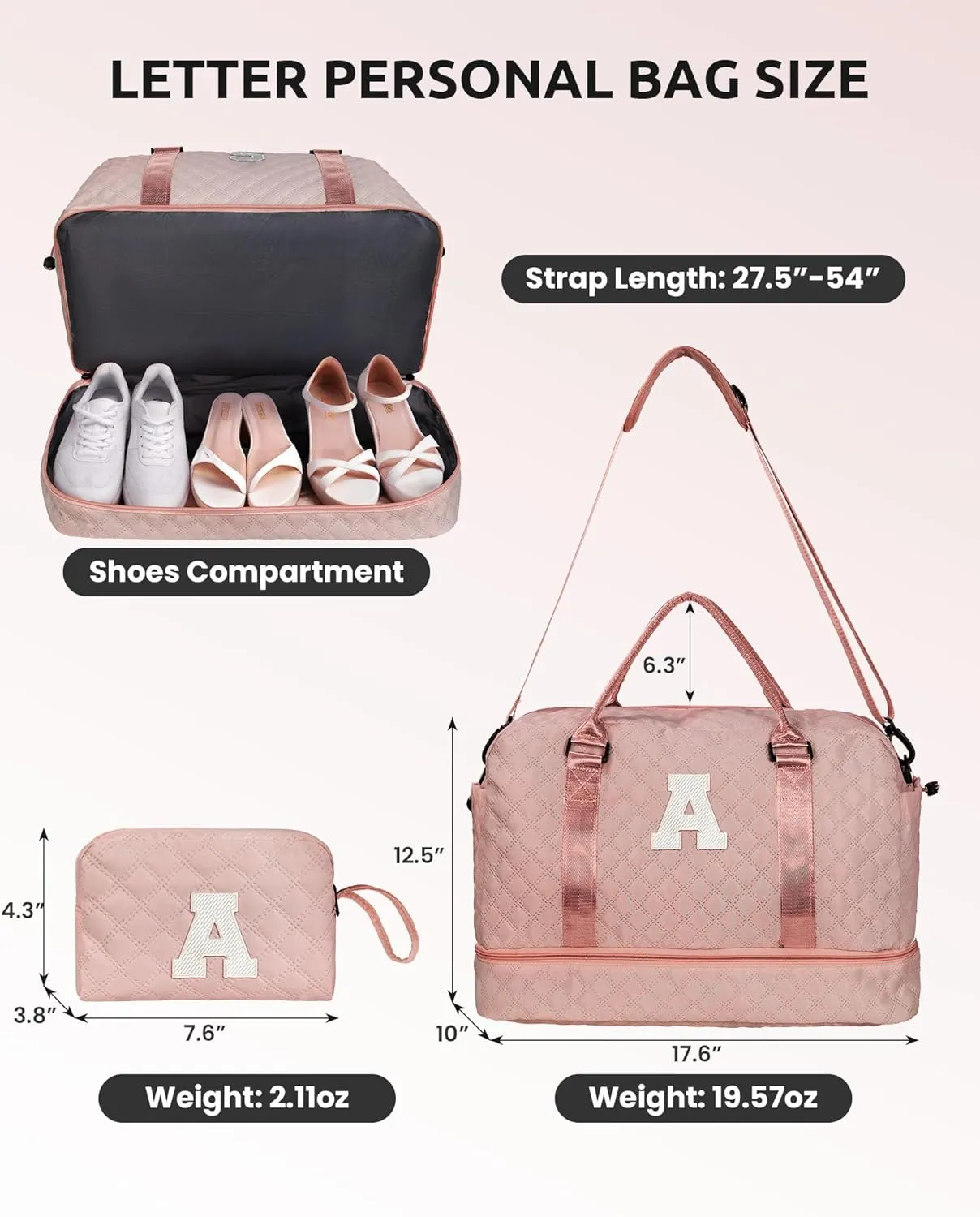 Women Gift-Birthday Gifts, Initial Duffle Bags with Shoe Compartment, Girls Weekender Bag, Overnight Tote for Women, Travel Bag with Makeup Pouch (Letter A)