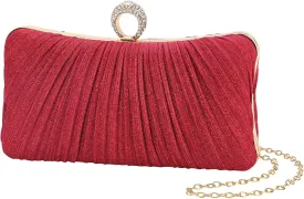 Womens Golden Glitter Clutch Purse Pleated Evening Bag for Bridal Wedding Party with Rhinestone Ring