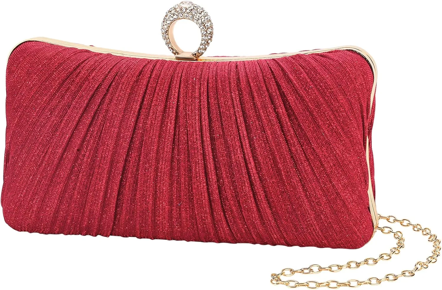 Womens Golden Glitter Clutch Purse Pleated Evening Bag for Bridal Wedding Party with Rhinestone Ring