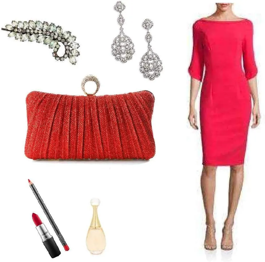 Womens Golden Glitter Clutch Purse Pleated Evening Bag for Bridal Wedding Party with Rhinestone Ring