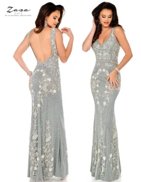 Zasa Chic 2078 Size 6 Light Grey Long Beaded V Neck Formal Dress Embellished Gown